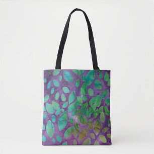 Boho Batik Purple Green Abstract Leaf Pattern Tote Bag