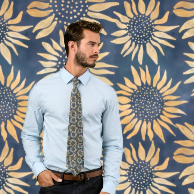 Boho Batik Sunflower Pattern on Dark Blue Tie (Man wears a necktie with a boho sunflower pattern.)