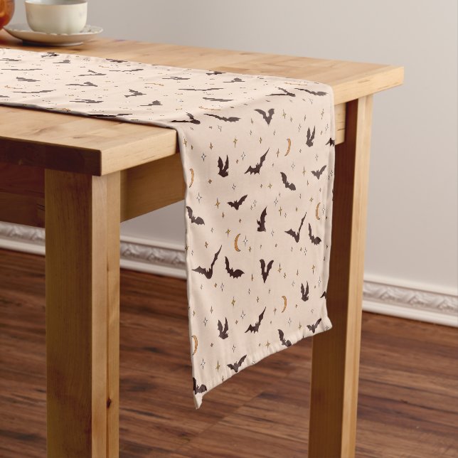 Boho Bats and Stars Halloween Pattern Short Table Runner (In Situ)