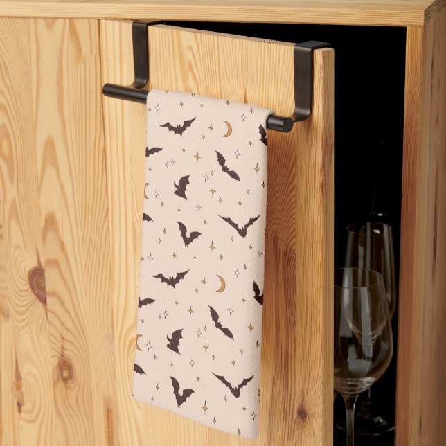 Boho Bats and Stars Halloween Pattern Tea Towel (Thirds Fold)