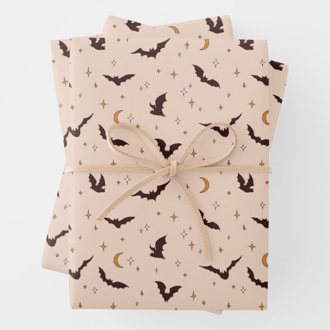 Boho Bats and Stars Halloween Pattern Wrapping Paper Sheet (In situ)