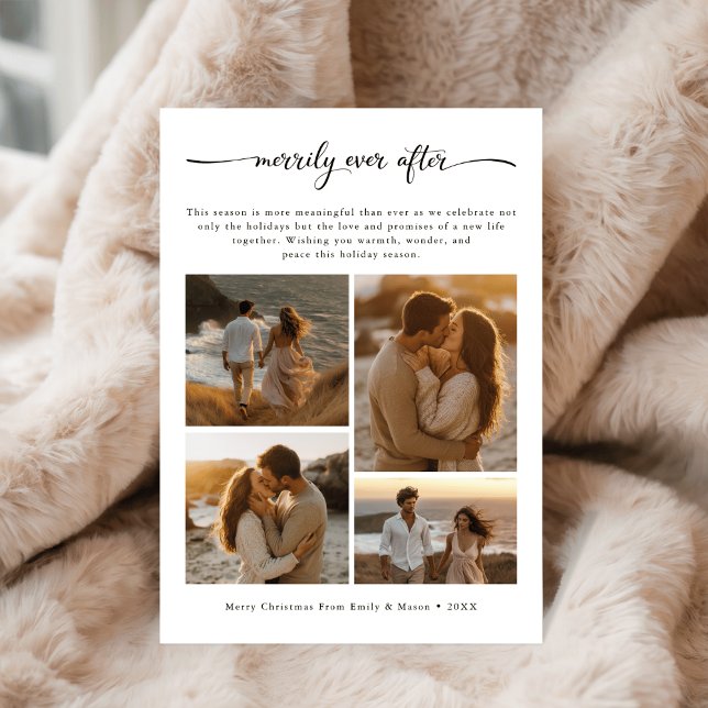Boho Beach 4 Photo Merrily Ever After Wedding Holiday Card (Creator Uploaded)