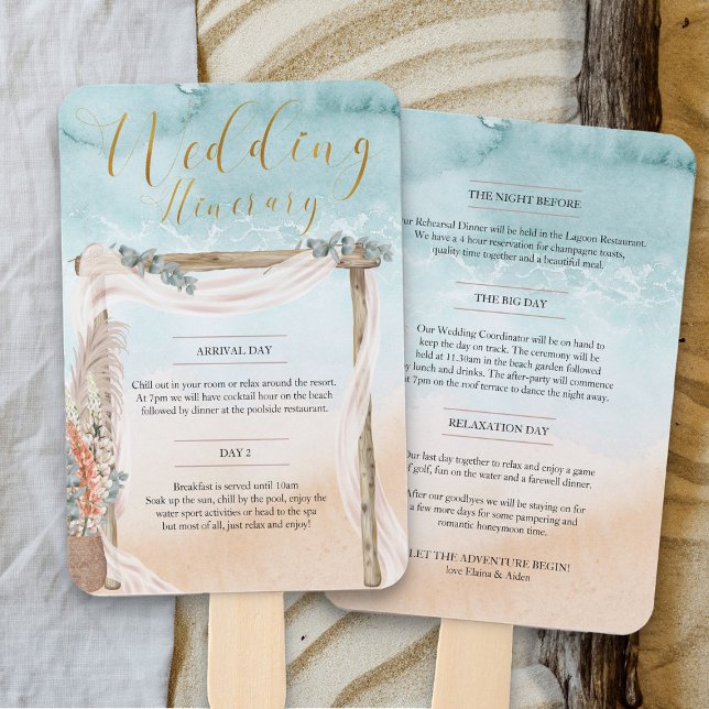 Boho Beach Arbor Ocean Wedding Itinerary Hand Fan (Beach destination wedding itinerary hand fans with boho wedding arbour - Boho Beach Collection)