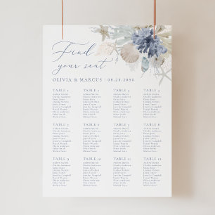 Boho Beach Blue Wedding Seating Chart Sign Poster