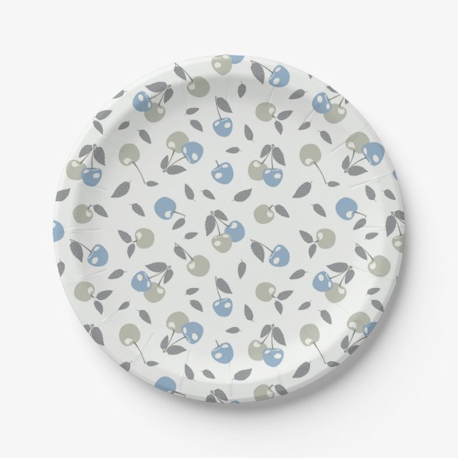 Boho Beach Cherries - sage blue fruit pattern. Paper Plate (Front)