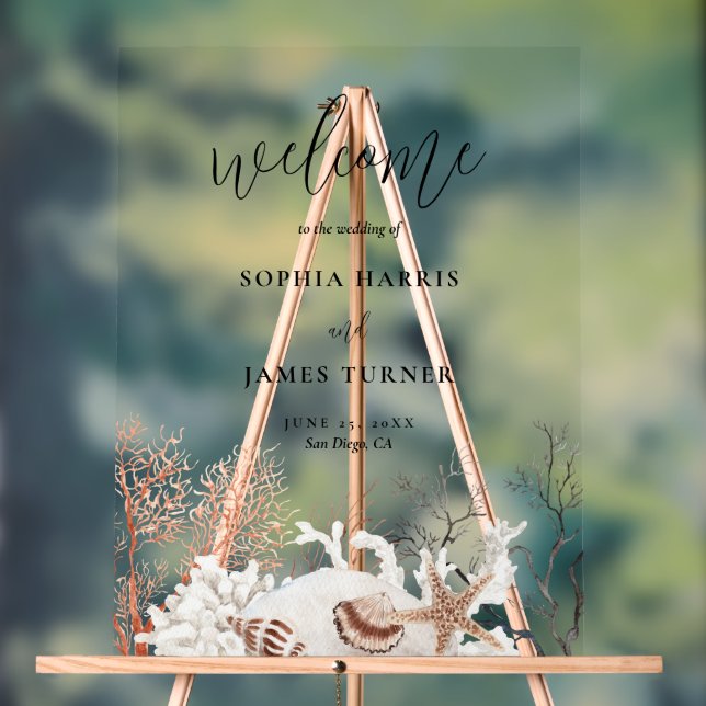 Boho Beach Coral Reef Wedding Welcome Acrylic Sign (Neutral)