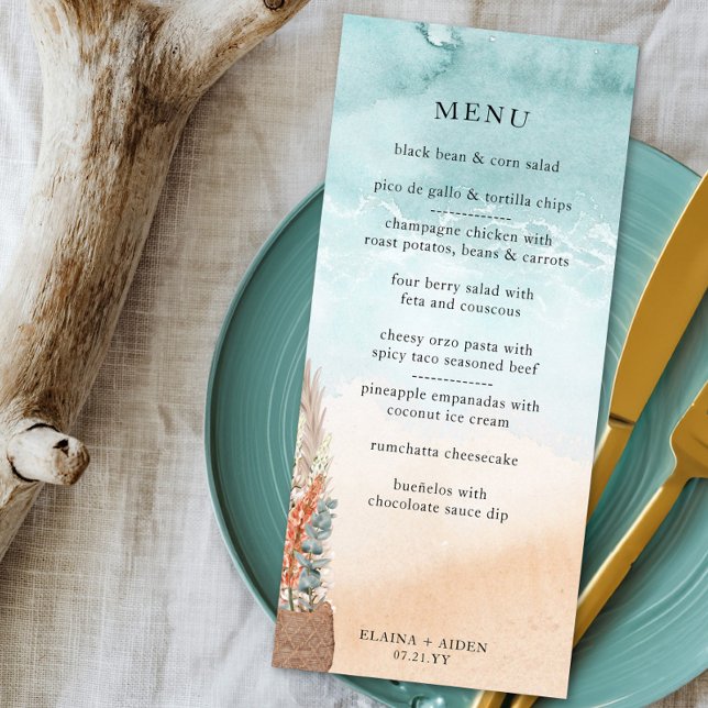 Boho Beach Destination Wedding Ocean Shoreline Menu (Boho beach wedding menu with editable food items)
