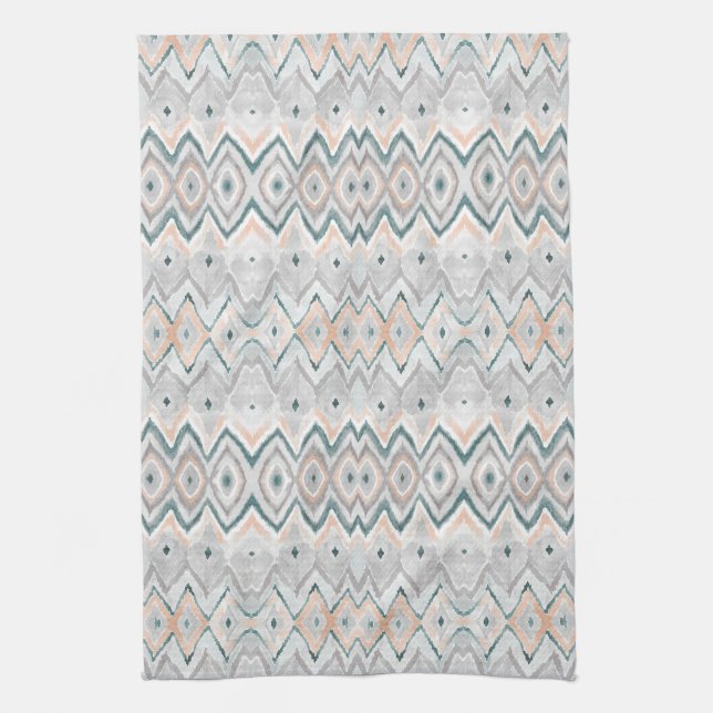 Boho Beach Diamond Chevron Teal Peach Pale Grey Tea Towel (Vertical)