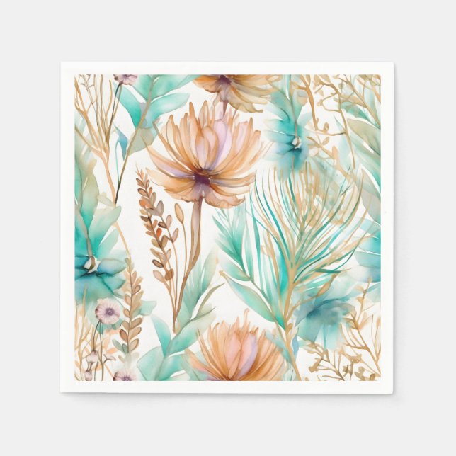 Boho Beach Floral Blue Peach Wedding  Napkin (Front)