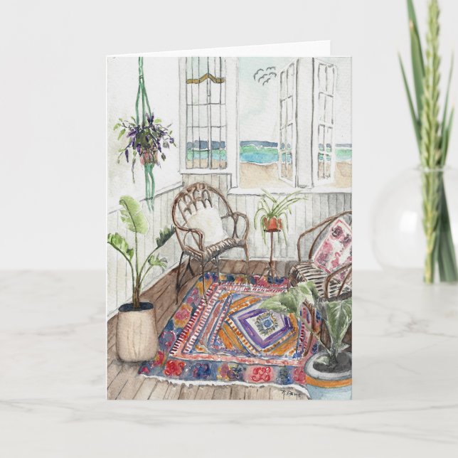 Boho beach house with the ocean seen from a window card (Front)