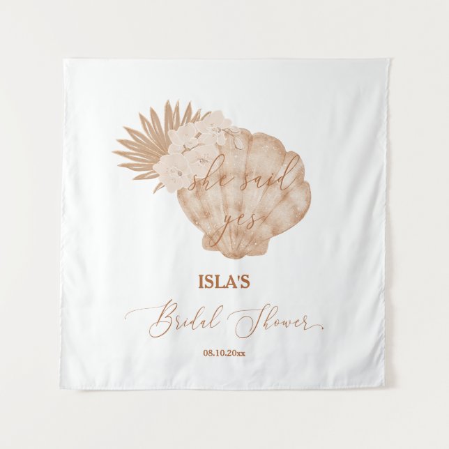 Boho Beach Seashell Bridal Shower Photo Backdrop Tapestry (Front)