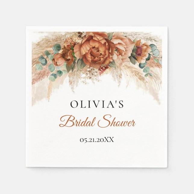 Boho beach terracotta pampas green bridal shower napkin (Front)