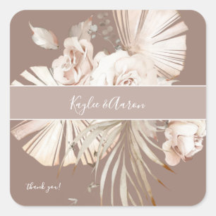 Boho Beach Tropical Beige Floral Thank You 2 Square Sticker