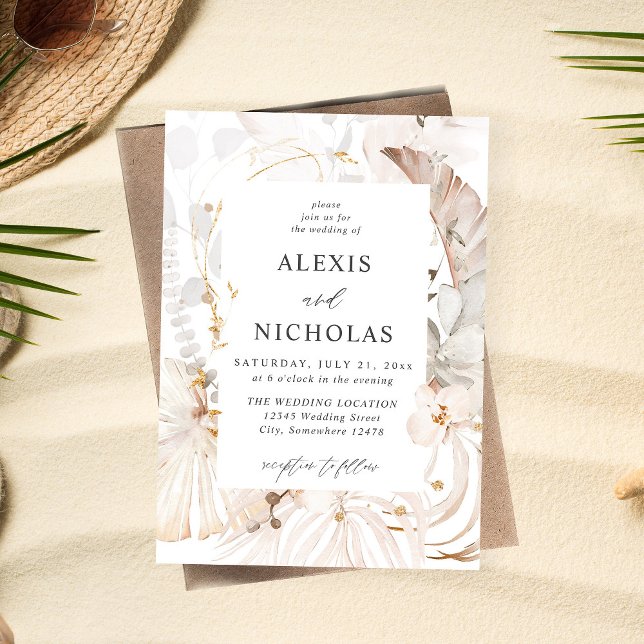 Boho Beach Tropical Beige Floral Wedding Invitation (Creator Uploaded)