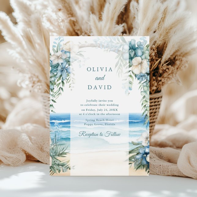Boho Beach Watercolor Floral Arch Wedding Invitation (Boho Beach Watercolor Floral Arch Wedding Invitation on a sunny table with white pampas grass)