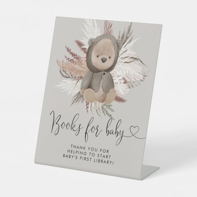 Boho Bear Baby Shower Books For Baby  Pedestal Sign (Front)