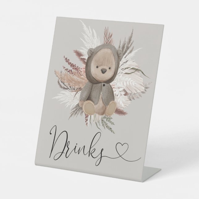 Boho Bear Baby Shower Drinks Pedestal Sign (Front)