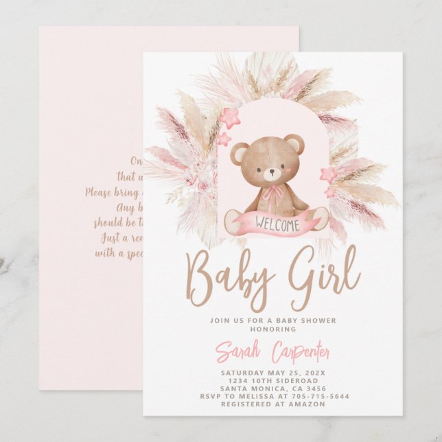 Boho Bear Baby Shower Girl Invitation (Front/Back)