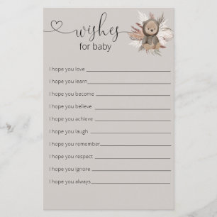 Boho Bear Baby Shower Wishes For Baby Card