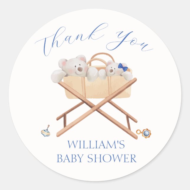 Boho Bear Bassinet Toy Boy Baby Shower Classic Round Sticker (Front)