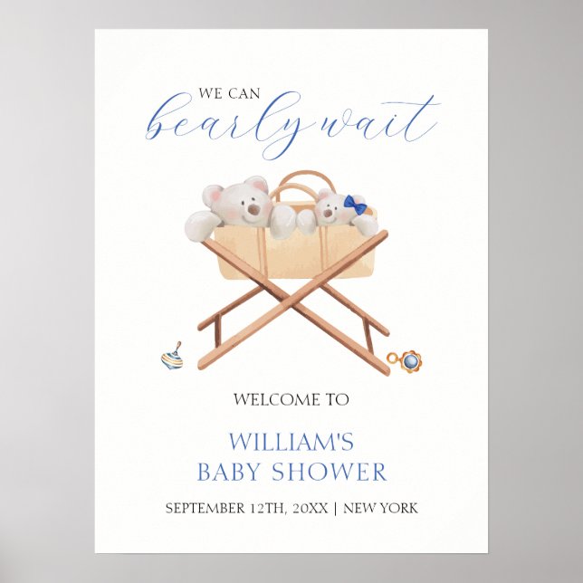 Boho Bear Bassinet Toy Boy Baby Shower Welcome Poster (Front)
