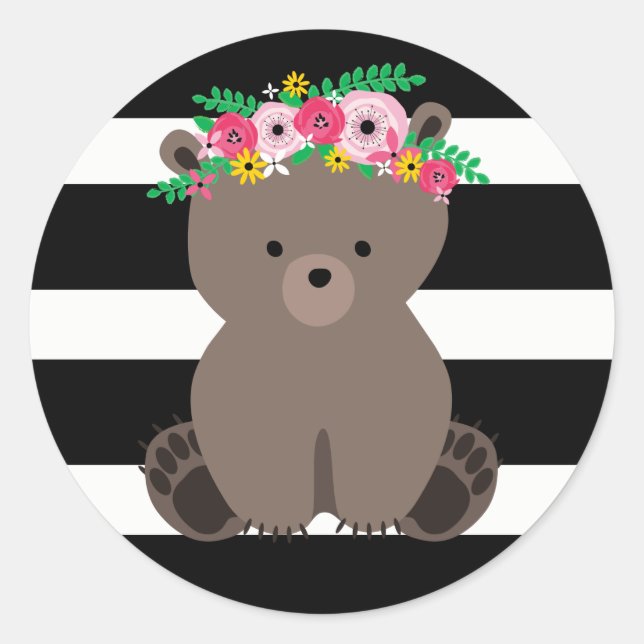 Boho Bear Black + White Stripe Baby Shower Classic Round Sticker (Front)