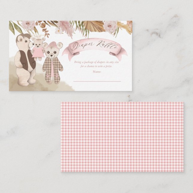 Boho Bear Family Girl Baby Shower Diaper Raffle  Enclosure Card (Front/Back)