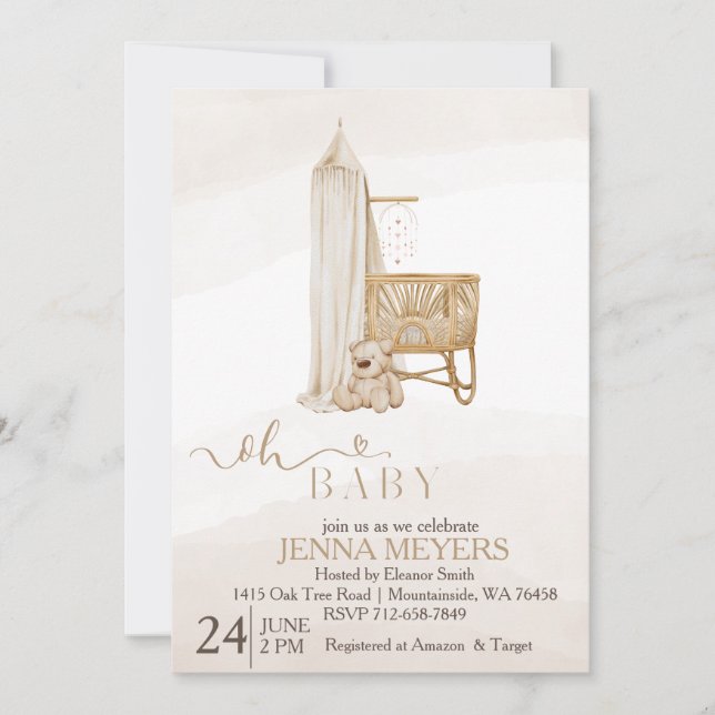 Boho bear gender neutral nursery baby shower  invitation (Front)
