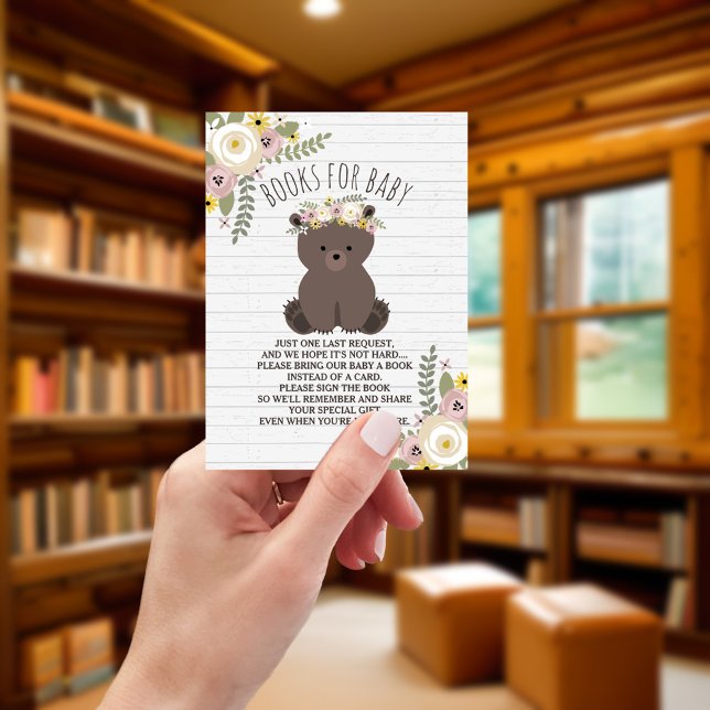 Boho Bear Grey Wood Baby Shower Book Request Enclosure Card (Creator Uploaded)
