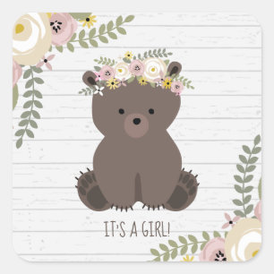Boho Bear Grey Wood Baby Shower Square Sticker