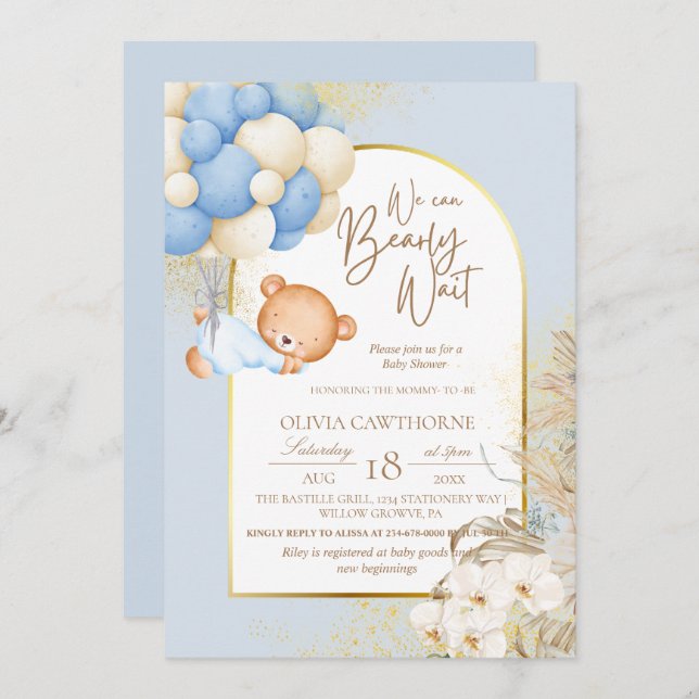Boho Bear Modern botanical Baby Shower Invitation (Front/Back)