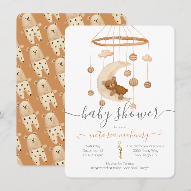 Boho Bear Moon Mobile Baby Shower Invitation (Front/Back)
