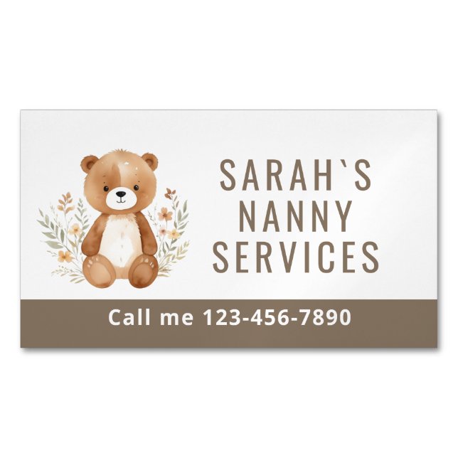 Boho Bear Nanny Babysitter Childcare Magnetic Business Card (Front)