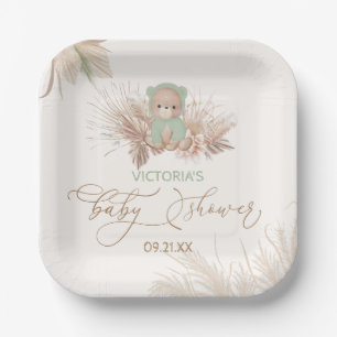 Boho Bear Pampas Baby Shower Green Paper Plate