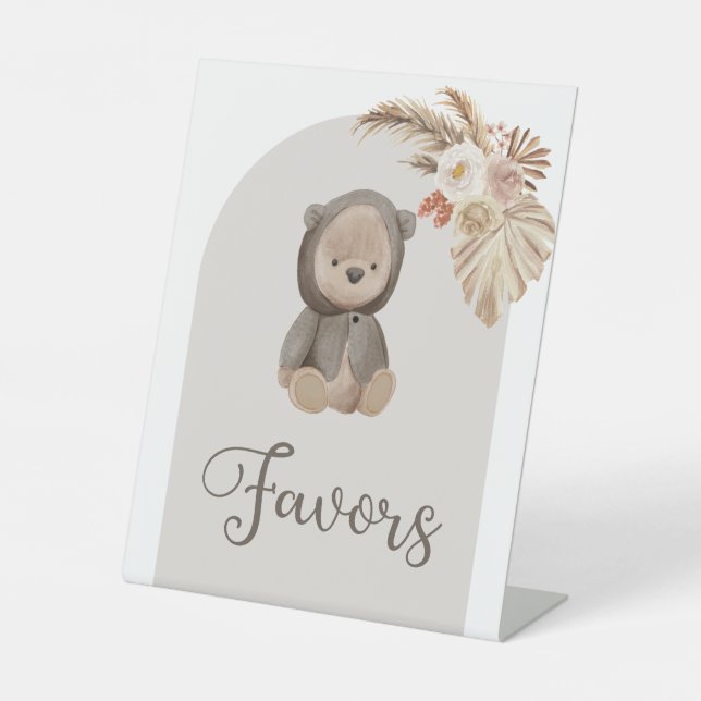 Boho Bear Pampas Grass Baby Shower Favours Pedestal Sign (Front)