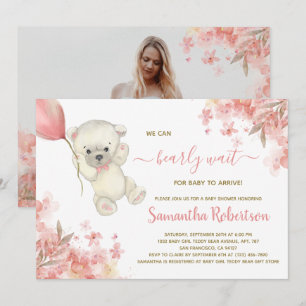 Boho Bear Pink Floral Pampa Grass Girl Baby Shower Invitation