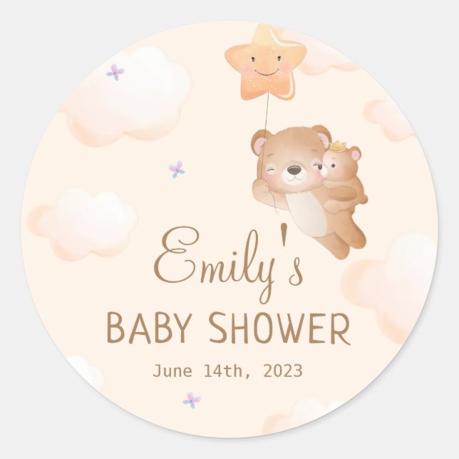 Boho Bear sand colour balloon Baby Shower Classic Round Sticker (Front)