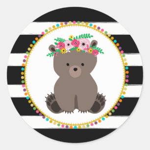 Boho Bear Striped Pompom Inspired Baby Shower Classic Round Sticker