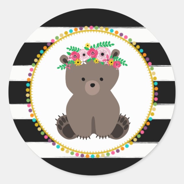 Boho Bear Striped Pompom Inspired Baby Shower Classic Round Sticker (Front)