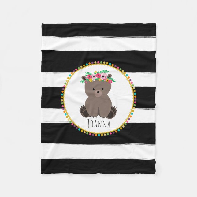 Boho Bear Stripes Girls Fleece Blanket (Front)
