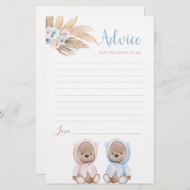 Boho Bear Twins Advice for Mum To Be card (Front/Back)
