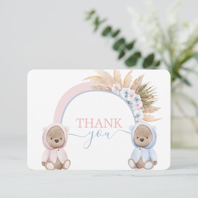 Boho Bear Twins Boy and Girl Thank you card (Standing Front)