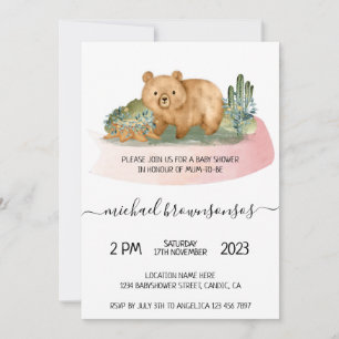 Boho Bear Watercolor Mommy Baby Shower Boy Invitation