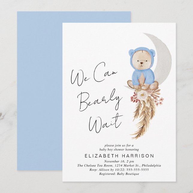 Boho Bear We Can Bearly Wait Baby Boy Shower Invitation (Front/Back)