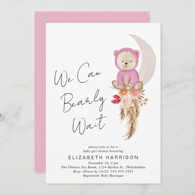 Boho Bear We Can Bearly Wait Baby Girl Shower Invitation (Front/Back)
