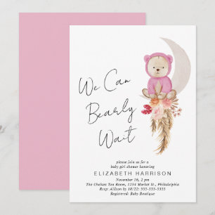 Boho Bear We Can Bearly Wait Baby Girl Shower Invitation