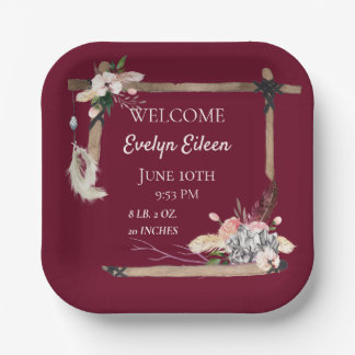 Boho Beautiful Baby Birth Stats Paper Plate