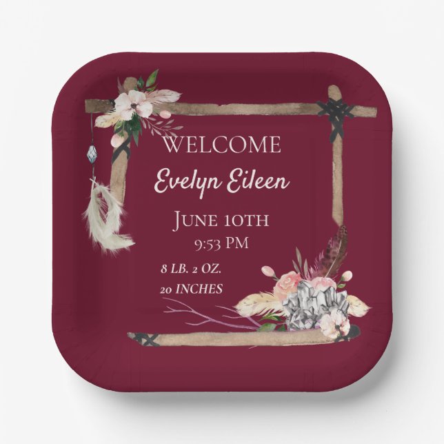 Boho Beautiful Baby Birth Stats Paper Plate (Front)