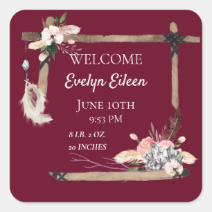 Boho Beautiful Baby Birth Stats Square Sticker