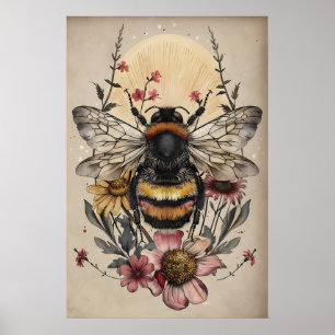 Boho Bee In Flower Print, Vintage Cottagecore Wall Poster